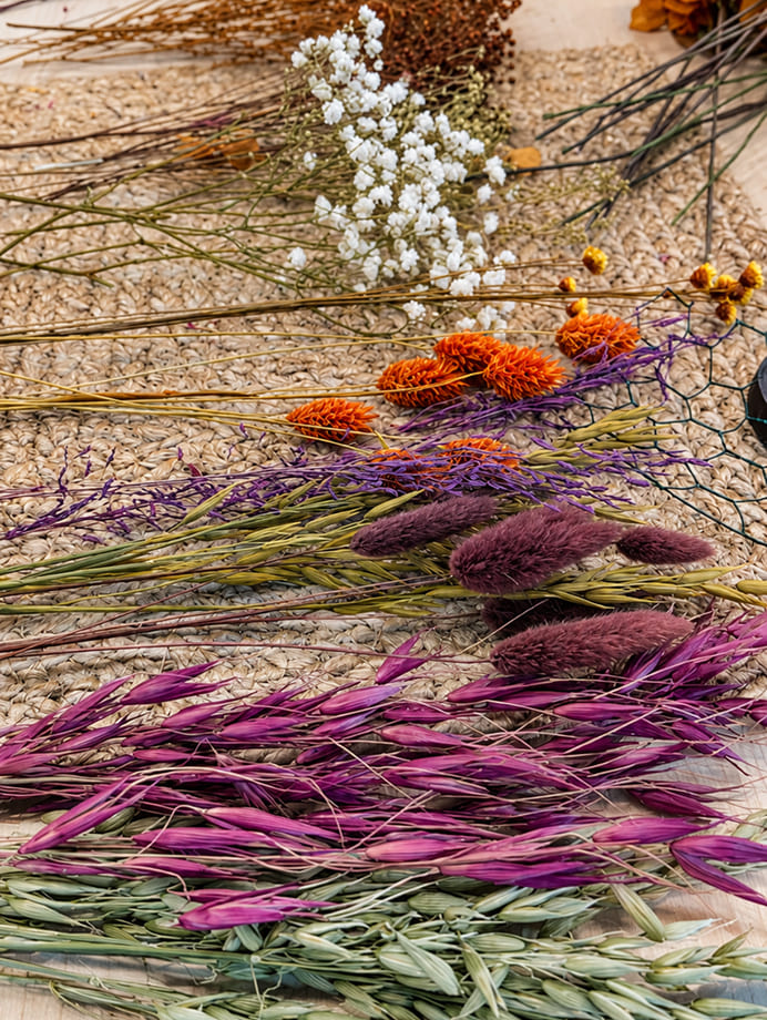 Selección de flores preservadas organizadas por colores para un workshop floral