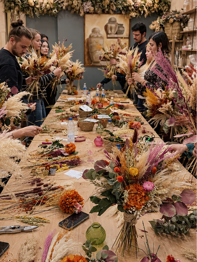 Grupo trabajando alrededor de una mesa durante un taller de flores preservadas
