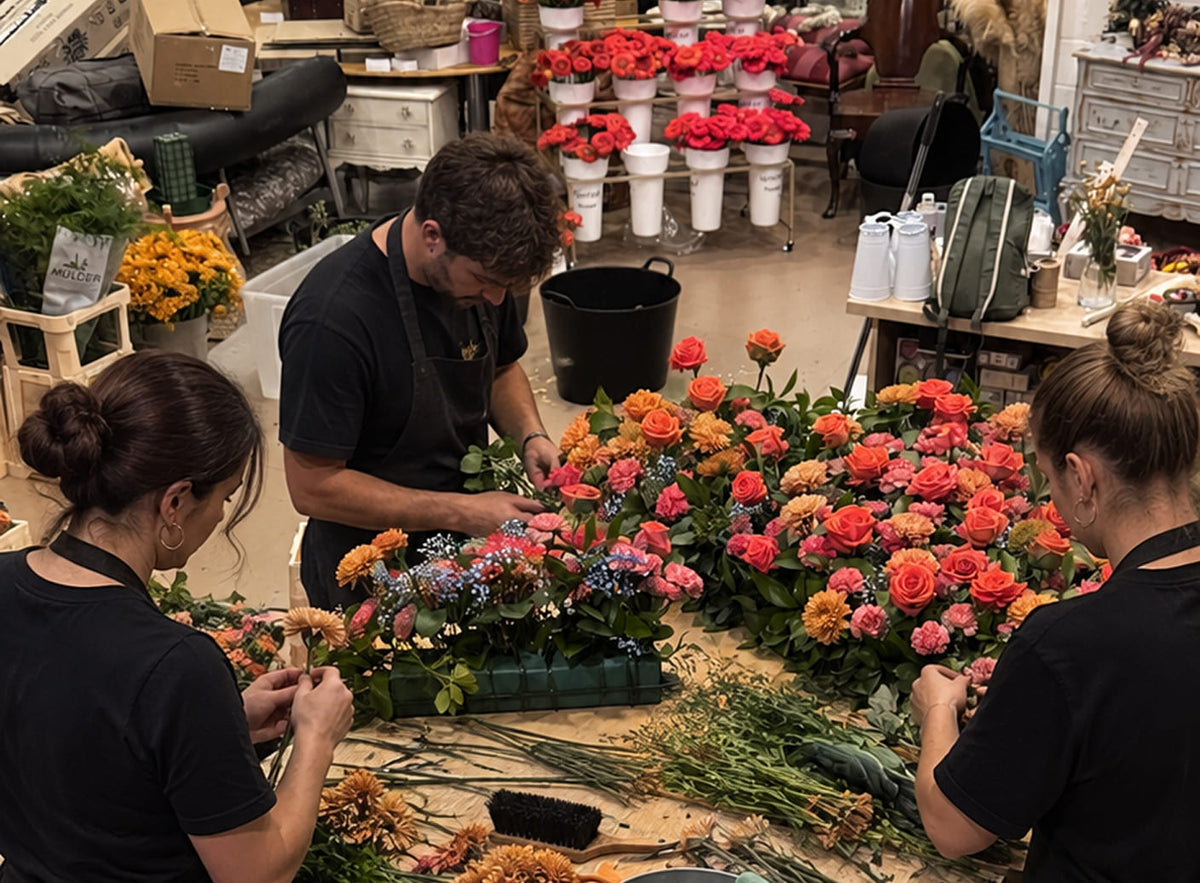 Equipo de Simonetta Floral preparando composiciones florales para un evento corporativo