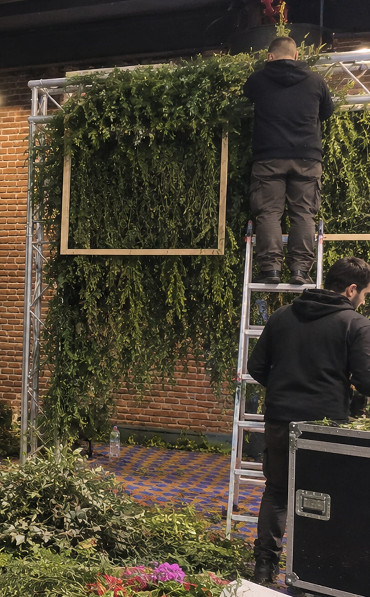 Equipo de Simonetta Floral realizando el montaje de una instalación vegetal para evento